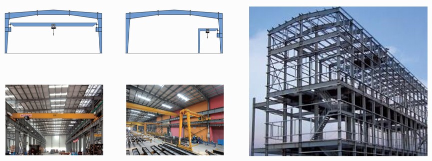 Two portal steel workshop frame types with cranes