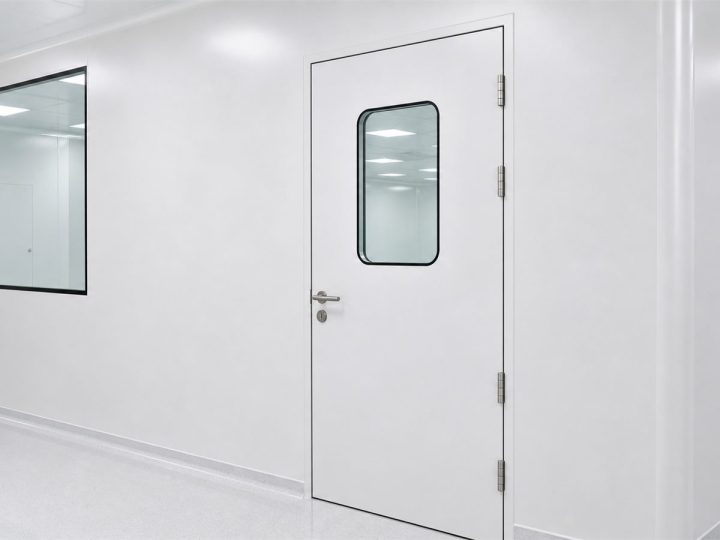 Flush steel clean room door with observation window