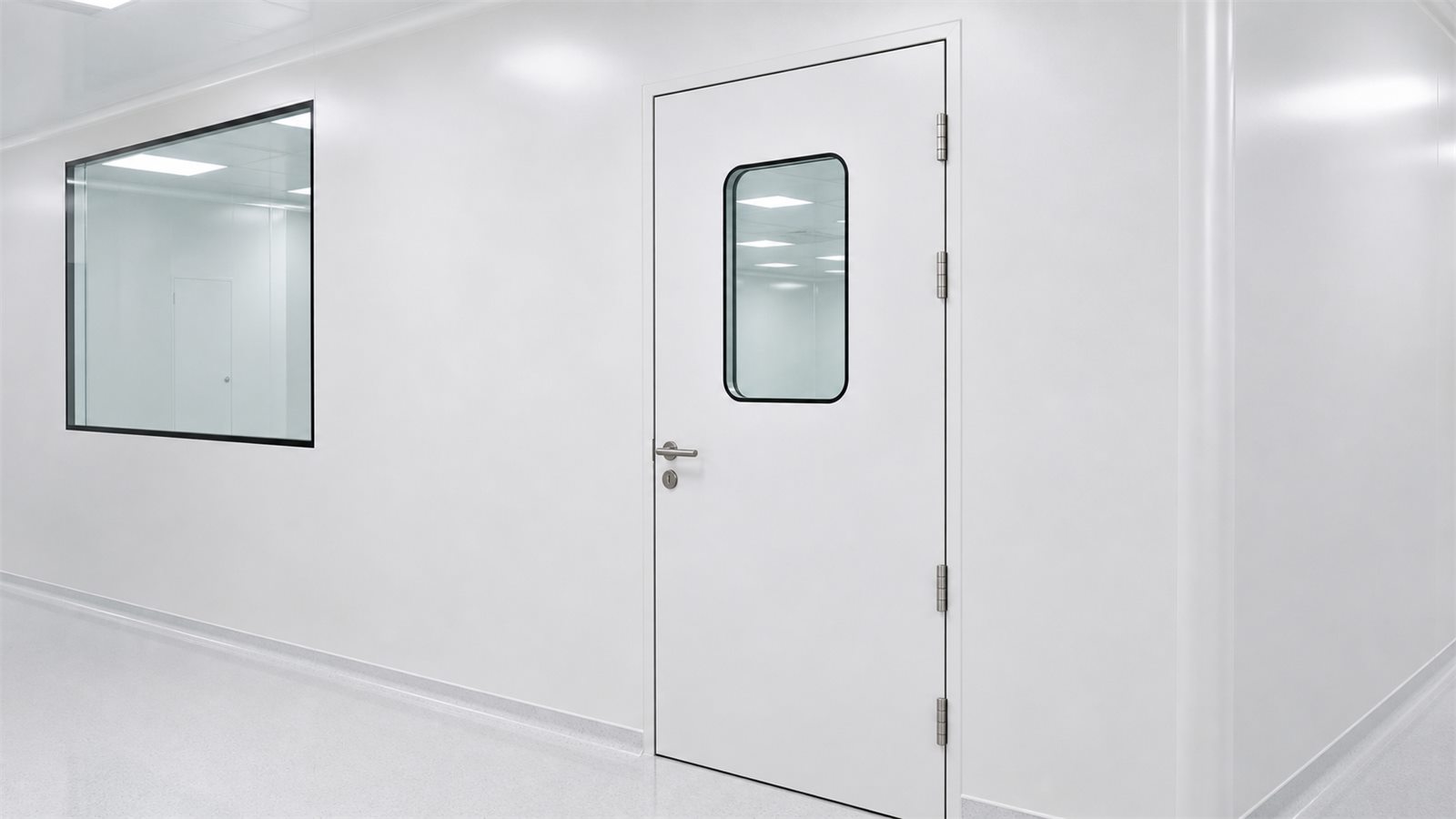 Flush steel clean room door with observation window