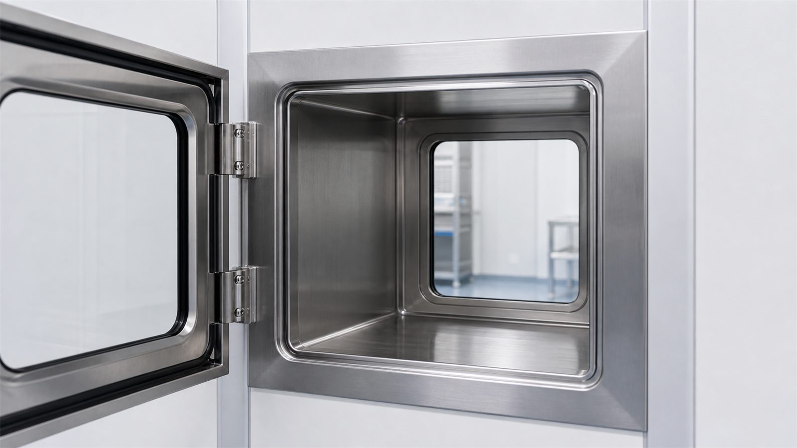 Open stainless clean room pass box chamber detail
