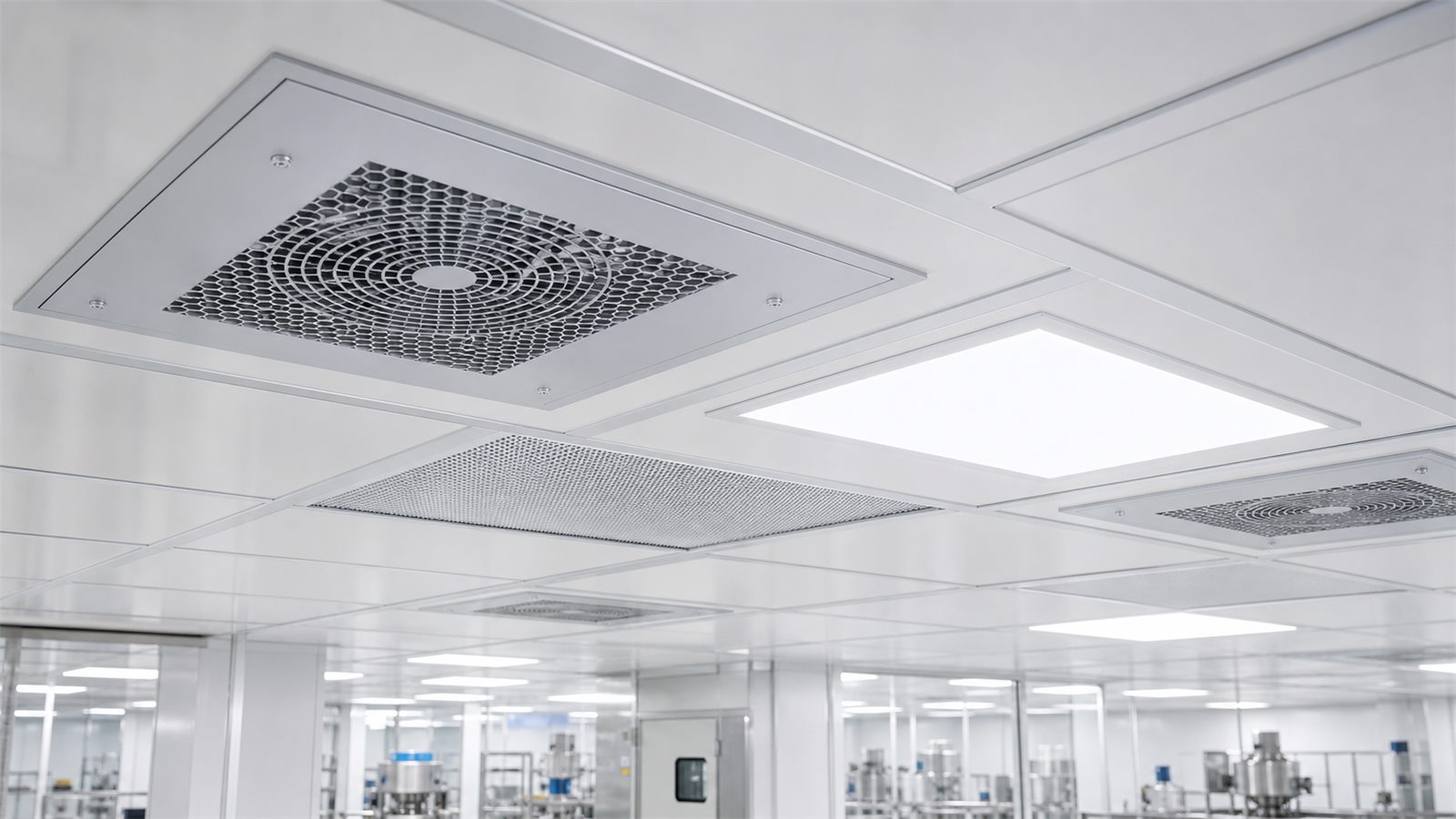 Close detail of FFU modules in clean room ceiling grid