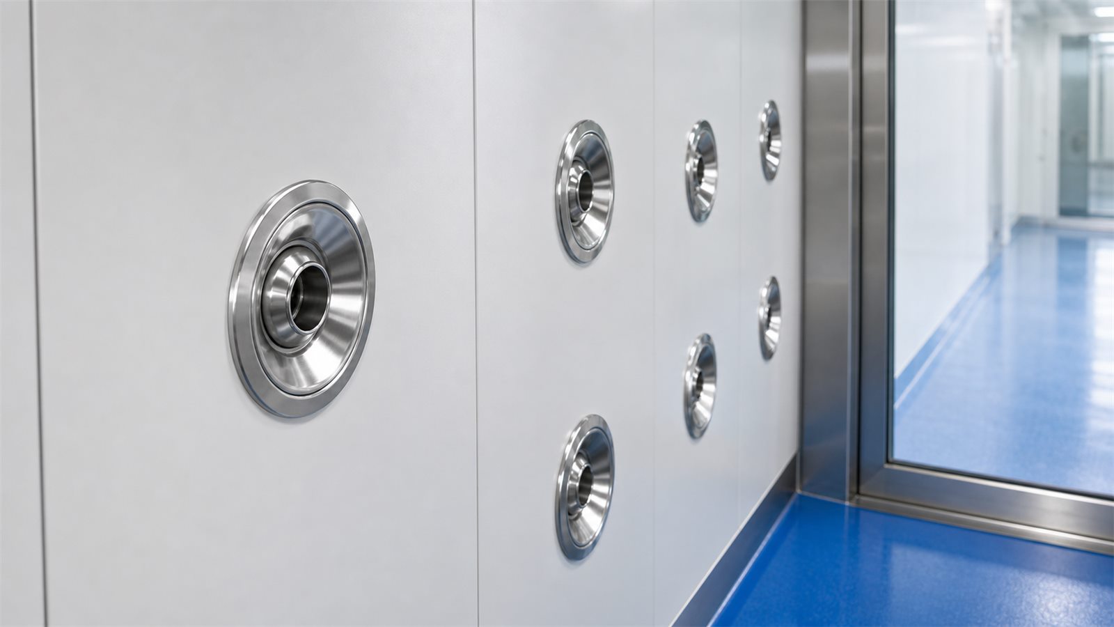 Adjustable stainless nozzles inside clean room air shower