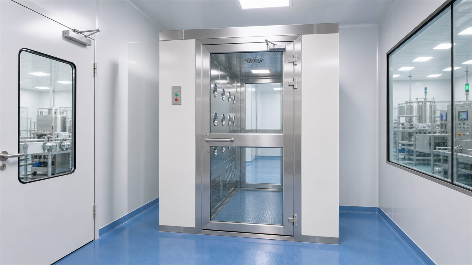 Clean room air shower booth with glass interlocked doors