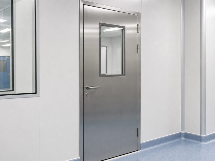 Stainless steel clean room door in pharmaceutical corridor