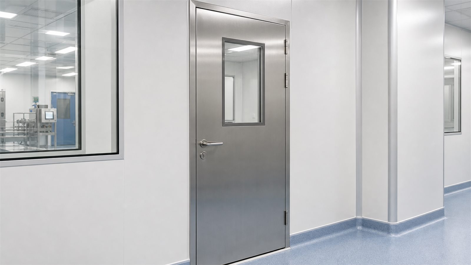 Stainless steel clean room door in pharmaceutical corridor