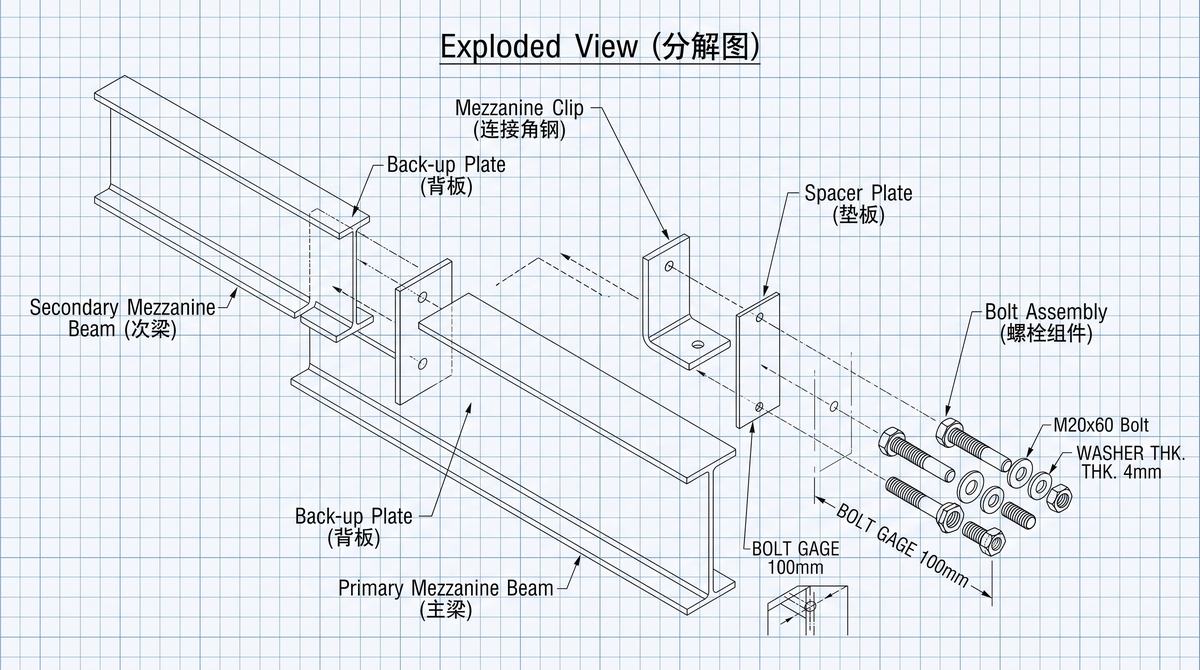 Exploded view of beam connection