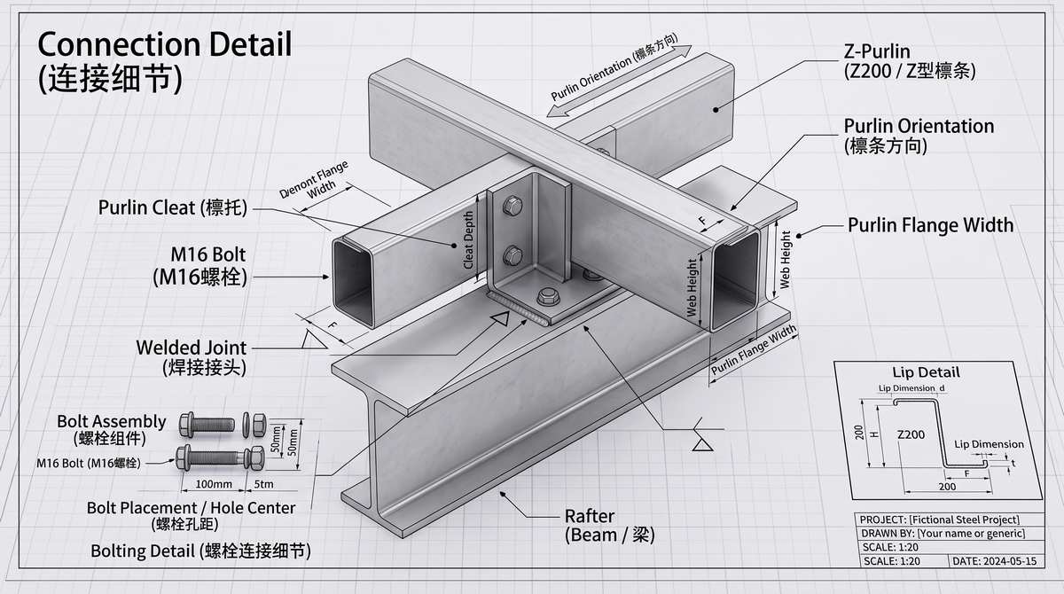 Steel_purlin_cleat_connection_details