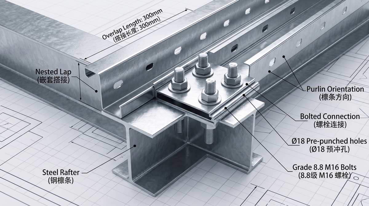 Continuous Z-Purlin Lap Joint Design and Installation for Metal Roof Structures