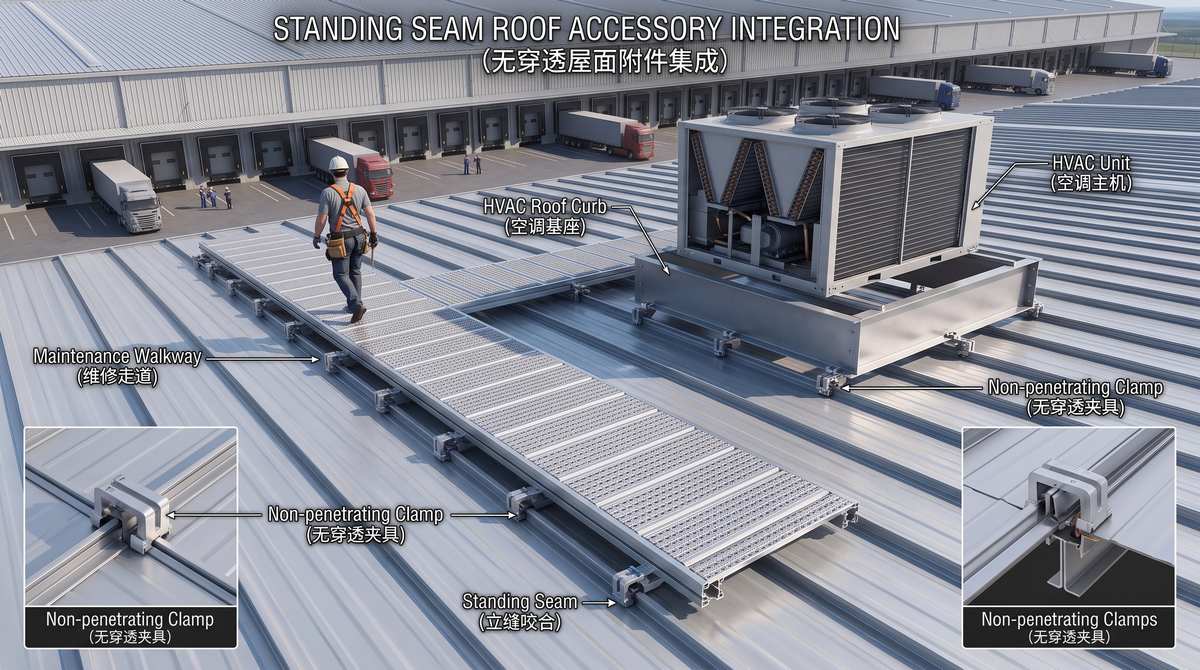Industrial Roof Curb and Aluminum Walkway Installation on Standing Seam Roofs