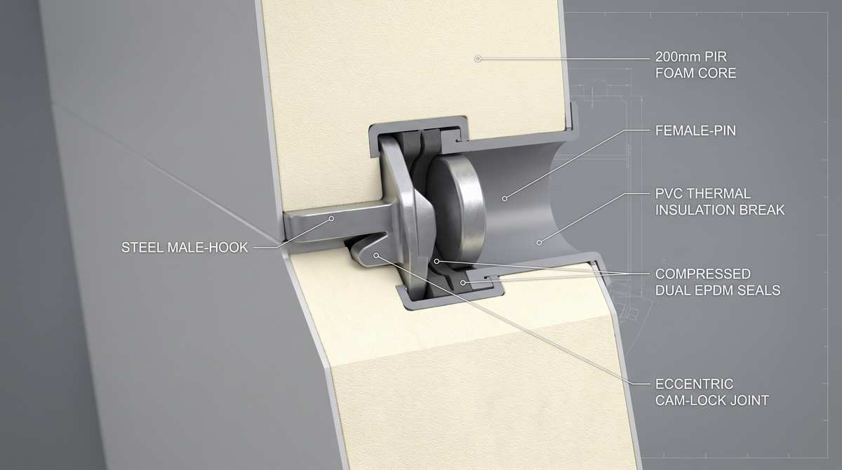 Unión cam-lock en panel de almacenamiento